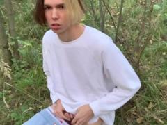 cute russian boy masturbating in a public forest and pee outdoors
